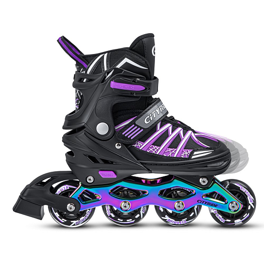 Роликовые коньки CITYRIDE, Черный-фиолетовый, PU колеса, переднее колесо со светом, подшипники ABEC 7, анодированная алюминиевая рама, текстильный мысок с резиновыми вставками, в/к 5сл гофрокартон в Джамбо Тойз #7