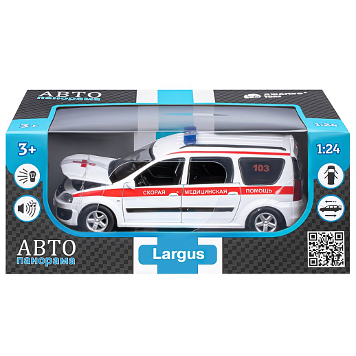 Машинка металлическая Автопанорама, инерционная, коллекционная модель LADA LARGUS, масштаб 1:24, "Скорая помощь", свет, звук, открываются 4 двери, капот, багажник, белый, в/к 24,5*12,5*10,5 см в Джамбо Тойз #4