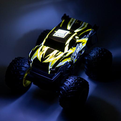 Р/у монстр-трак Динозавр, перевертыш, 1:20, 2.4GHz, 3D подсветка корпуса, музыка, демо-режим, цвет желтый, с аккум.,  в/к 21,5*19*23 см в Джамбо Тойз #4