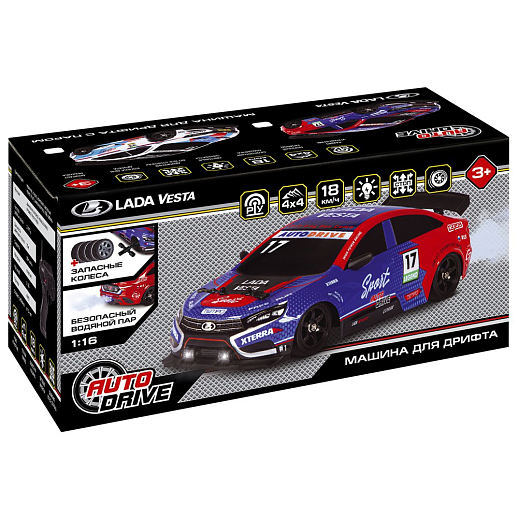 AUTODRIVE Р/У Машина для дрифта LADA Vesta с паром,1:16,2.4GHz,4WD,запасн.колеса 4шт.,свет,с аккум,в/к 31*15*15см в Джамбо Тойз #18