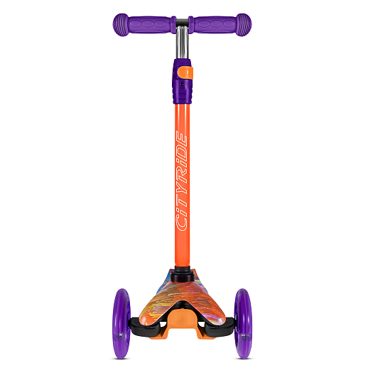 Самокат трехколесный CITY-RIDE (пакет). Руль телеск.: алюминий с резин.рукояткой. Дека: PP+нейлон гидрографика, размеры 51*11 см. Колеса: 120/76 PU со светом. Подшипник: Аbec-5. Максимальная нагрузка: 35кг. Возраст: от 3 лет. в Джамбо Тойз #2