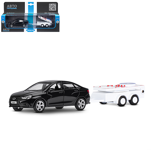 ТМ "Автопанорама" Машинка металлическая 1:43, LADA VESTA черная, откр. 2 двери., инерция + прицеп с дорожными знаками в Джамбо Тойз