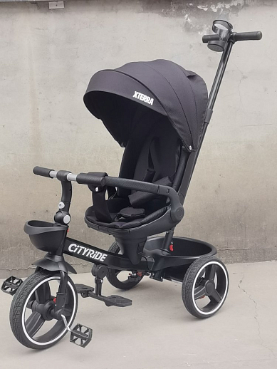 Трехколесные велосипед CITYRIDE, металл,  колеса PVC 12"/10", попрот. наколон. Сиденье с крышей,  род ручка, наклон руль, тормоз, корзинка   в Джамбо Тойз