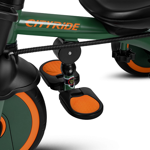 Детский 3хкол. велосипед ”CITYRIDE“ Рама сталь, наклонный руль из магнезия, колясочная крыша, ручка управления с подстаканником, 2 корзины. Колеса EVA 10/8, подножки, тормоза, бампер безопасности. Оранжево-зеленый. в Джамбо Тойз #18