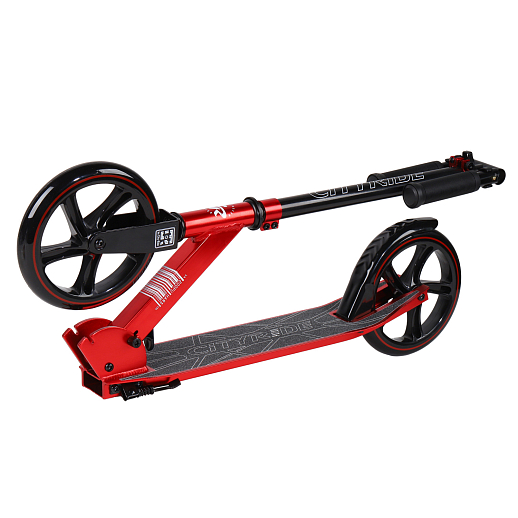 Двухколесный самокат CITYRIDE 200, ал. 50/50%, t-bar сталь, грипсы 135мм TPR, колеса PU 200/200, 86A, подножка, abec 9, цвет Красный в Джамбо Тойз #3
