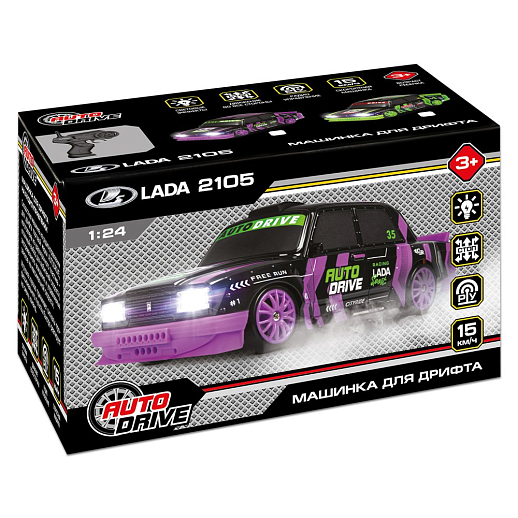 AUTODRIVE Р/У Машина для дрифта LADA 2105,М1:24,2.4GHz,4WD,свет фар,4 доп.колеса,конусы,2 аккум.,цв. черн/фиол.,в/к 24,1*10,3*23,7см в Джамбо Тойз #12