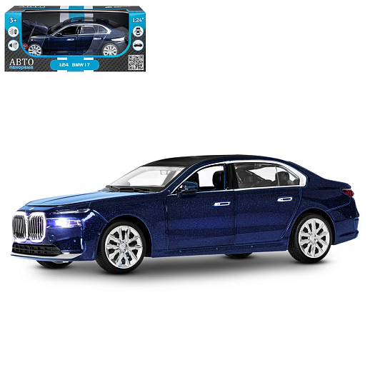 ТМ "Автопанорама" Машинка металлическая, 1:24 BMW I7, голубой, откр. двери и капот, свет, звук, свободный ход колес, в/к 24,5х12,5х10,5 см в Джамбо Тойз