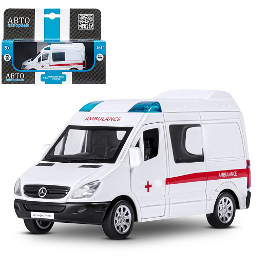 ТМ "Автопанорама" Машинка металлическая 1:53 Mercedes-Benz Sprinter, скорая помощь, откр. двери, инерция, в/к 17,5*12,5*6,5 см в Джамбо Тойз