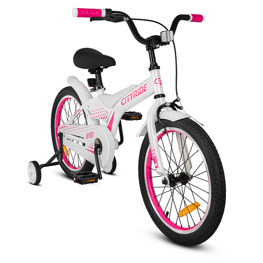 Детский велосипед "Cityride REVO", модель CR-B2-05, рама сталь, кожух цепи 100%, обода алюм. 18", втулки сталь, покрышки 2,125, страх. колеса, руль сталь. вынос сталь, задние ножные тормоза, передний клещевой, крылья пластик, отражатели пер/зад и на спицах, цвет белый розовый в Джамбо Тойз
