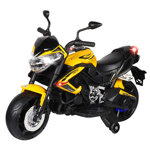 Мотоцикл двухколесный на аккум.2*6V4Ah. USB, MP3, колеса пластик, 2 двигателя*390W, свет LED.  Размер мотоцикла 116*57*77см вес мотоцикла 14кг. Цвет желтый в Джамбо Тойз