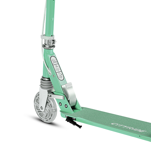 Двухколесный самокат CITY-RIDE 120, ал. 100%. Аморт. передний. Колеса PU 120/120 мм. Подшипники: Abec-9. Грипсы: резина. Хомуты анод, замок на руле. Ручной задний тормоз, зеленый в Джамбо Тойз #8