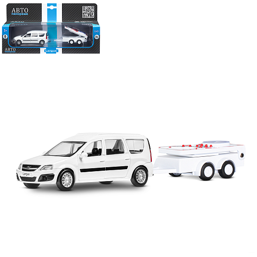 ТМ "Автопанорама" Машинка металлическая 1:43, LADA LARGUS белая, откр. 2 двери., инерция + прицеп с дорожными знаками в Джамбо Тойз