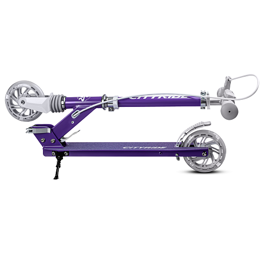 Двухколесный самокат CITY-RIDE 120, ал. 100%. Аморт. передний. Колеса PU 120/120 мм. Подшипники: Abec-9. Грипсы: резина. Хомуты анод, замок на руле. Ручной задний тормоз, фиолетовый в Джамбо Тойз #5
