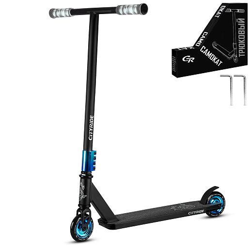Трюковый самокат CITYRIDE, T-bar сталь 50*56см, дека алюм.50*10см, колеса PU 86A 100мм, пластик диск, вилка резьб., хомут 4б., сине-зеленый  в Джамбо Тойз