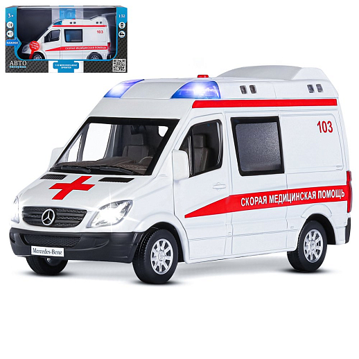 ТМ "Автопанорама" Машинка металлическая 1:32 Mercedes Sprinter "Скорая помощь", белый, откр. передние, боковая и задние двери, свет, звук, инерция, в/к 17,5*13,5*9 см в Джамбо Тойз