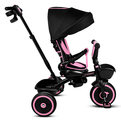 Детский 3хкол. велосипед ”CITYRIDE“ Рама сталь, наклонный руль из магнезия, колясочная крыша, ручка управления с подстаканником, 2 корзины. Колеса EVA 10/8, подножки, тормоза, бампер безопасности. Розово-черный в Джамбо Тойз #4