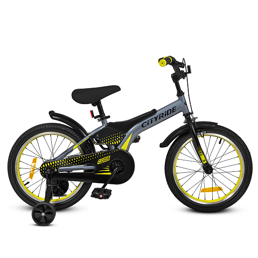 Детский велосипед "Cityride REVO", модель CR-B2-05, рама сталь, кожух цепи 100%, обода алюм. 18", втулки сталь, покрышки 2,125, страх. колеса, руль сталь. вынос сталь, задние ножные тормоза, передний клещевой, крылья пластик, отражатели пер/зад и на спицах, цвет серый - желтый в Джамбо Тойз #4