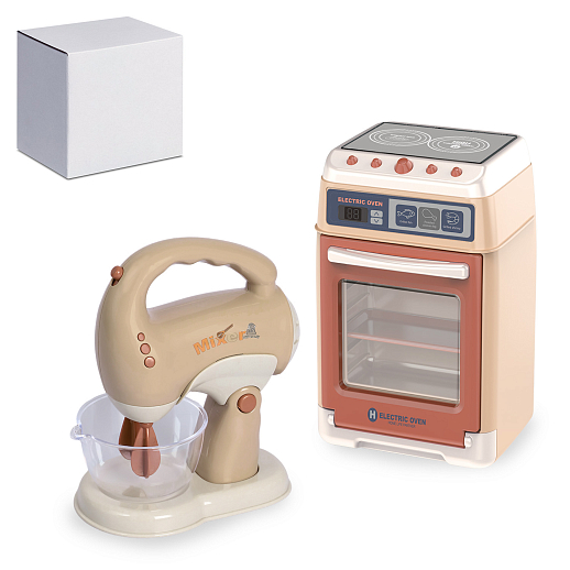 Набор игрушечной бытовой техники "Плита, миксер" бежевая, 2 шт, на бат., в б/к в Джамбо Тойз