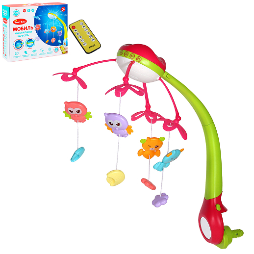 ТМ "Smart Baby" Мобиль" 500 мелодий, проектор, ночник, пульт, ярко-розовый в/к 37*28*10 см в Джамбо Тойз