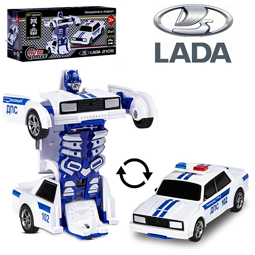 AUTODRIVE_LADA 2105_машинка-робот фрикционная,13,5см,одной кнопкой трансформируется в робота,белая ДПС,в/к 13,5*6,5*5,5 см в Джамбо Тойз