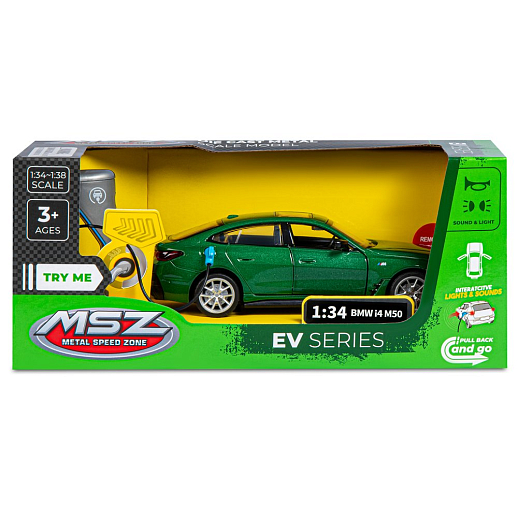 Машинка металлическая 1:34 BMW I4 M50 с зарядной станцией, зеленый, свет, звук, откр. двери и капот, инерция, в/к 20,6*9,*9 см в Джамбо Тойз #15
