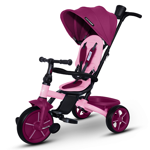 Детский трехколесный велосипед "CITYRIDE XTERRA". Рама сталь, сиденье съемное, складная крыша D600, подножки, колеса 11/9 EVA, корзина, подстаканник, розовый в Джамбо Тойз