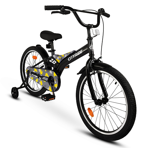 Детский велосипед "Cityride REVO" -рама сталь, кожух цепи 100%, диски алюм. 20, втулки сталь,  покрышки 2,125, страх. колеса, руль сталь. штем сталь, задние ножные тормоза, передний V-brake , звоночек, крылья пластик, отражатели пер/зад на спицах. в Джамбо Тойз