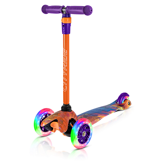 Самокат трехколесный CITY-RIDE (пакет). Руль телеск.: алюминий с резин.рукояткой. Дека: PP+нейлон гидрографика, размеры 51*11 см. Колеса: 120/76 PU со светом. Подшипник: Аbec-5. Максимальная нагрузка: 35кг. Возраст: от 3 лет. в Джамбо Тойз #10