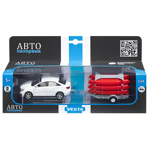 ТМ "Автопанорама" Машинка металлическая 1:43, LADA VESTA белая, откр. 2 двери., инерция + прицеп с лодками в Джамбо Тойз #3