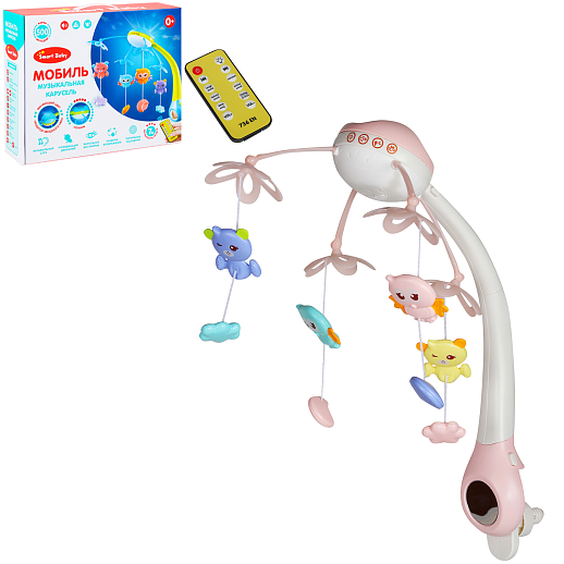 ТМ "Smart Baby" Мобиль" 500 мелодий, проектор, ночник, пульт, розовый в/к 37*28*10 см в Джамбо Тойз