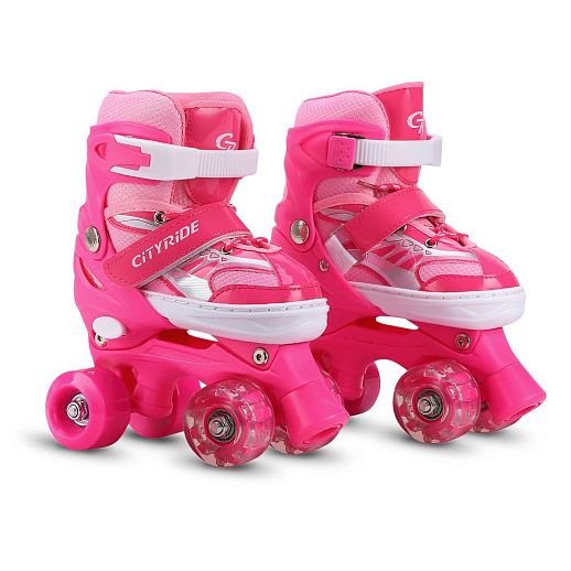 Комплект (ролики-квады, защита, шлем), передние колеса со светом, M размер (34-38),  цвет розовый в/к в Джамбо Тойз #2
