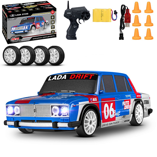 AUTODRIVE Р/У Машина для дрифта LADA 2106,М1:24,2.4GHz,4WD,свет фар,4 доп.колеса,конусы,с аккум.,цв.синий/серебро/красн.,в/к 20,5*13*13см в Джамбо Тойз