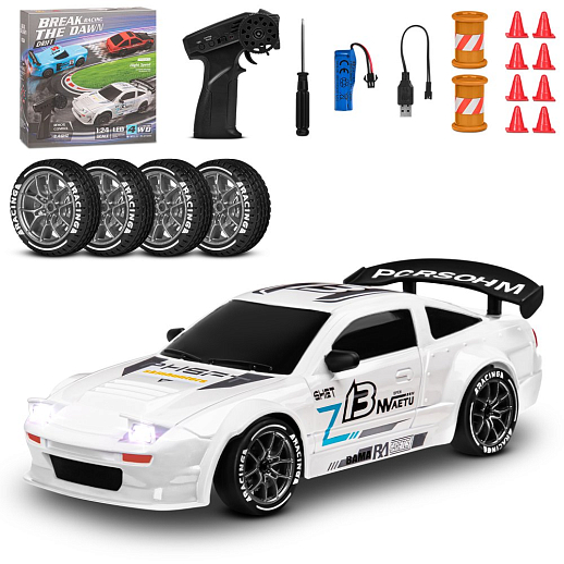 Р/у машинка для дрифта М1:24,2.4GHz,4WD,сменные шины 4шт., конусы 8шт.,свет,с аккум.,цвет белый,в/к 22,5*22,5*7,5см в Джамбо Тойз