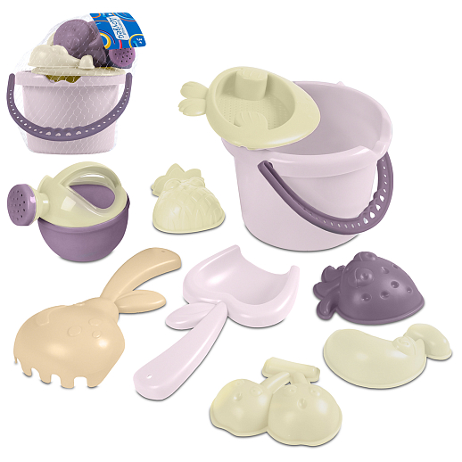 ТМ "Компания Друзей" Песочный набор "Фрукты" морская розово-бордовый (в комп. ведро 1 л, лопатка 18см, грабли  18см, 4 формочки, сито, лейка 0,2 л) 22х18х18 см в Джамбо Тойз