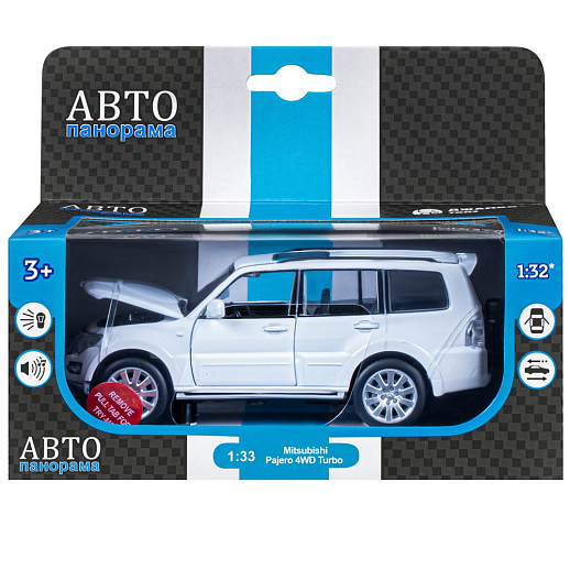 ТМ "Автопанорама" Машинка металлическая 1:33 Mitsubishi Pajero 4WD Turbo, белый, откр. двери, капот и багажник, свет, звук, инерция, в/к 17,5*13,5*9 см в Джамбо Тойз #18