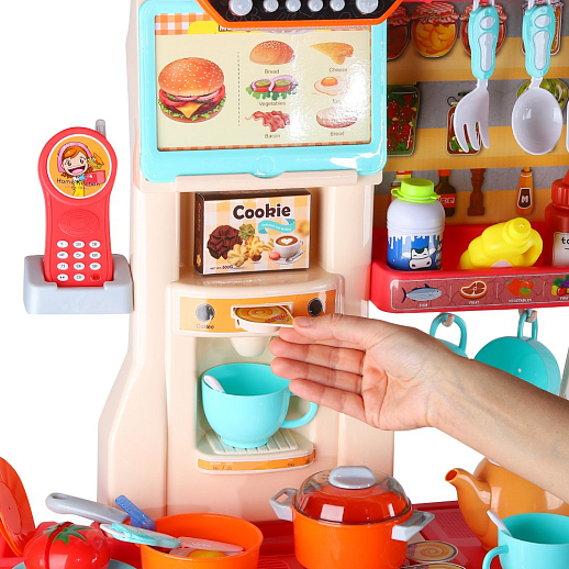 Игровой набор Кухня детская игровая, кран с водой,еда меняет цвет, телефон на бат., свет, звук, в компл.65 предметов, цв.красн., в/к 59*50*20см в Джамбо Тойз #9