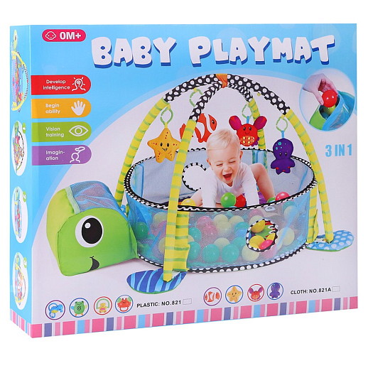Детский развивающий коврик "Черепаха", высокие бортики, мягкие дуги и подвески, 12 шариков в комплекте,  46*11*43 см в Джамбо Тойз #2