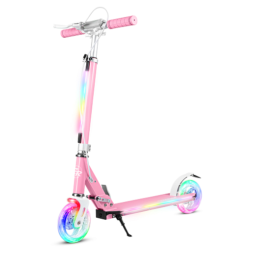 Самокат 2хколесныйМатериал：алюминиевый сплавРучка：TPR , ручной тормоз.Колеса：145X30mm PUПодшипники：ABEC-7. Размер деки ：50x12cm   Цвет: розовый в Джамбо Тойз #10