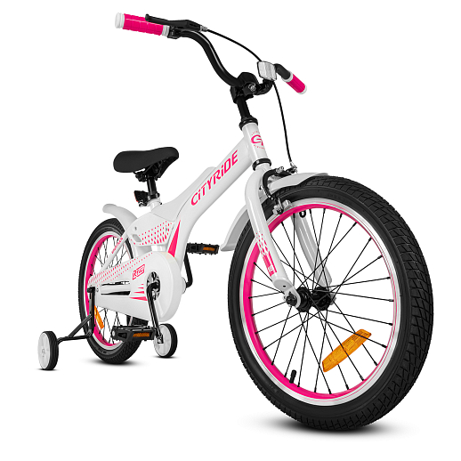 Детский велосипед "Cityride REVO", модель CR-B2-05, рама сталь, кожух цепи 100%, обода алюм. 18", втулки сталь, покрышки 2,125, страх. колеса, руль сталь. вынос сталь, задние ножные тормоза, передний клещевой, крылья пластик, отражатели пер/зад и на спицах, цвет белый розовый в Джамбо Тойз #2