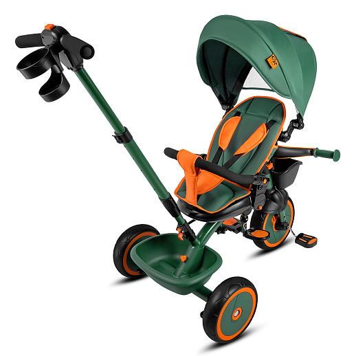 Детский 3хкол. велосипед ”CITYRIDE“ Рама сталь, наклонный руль из магнезия, колясочная крыша, ручка управления с подстаканником, 2 корзины. Колеса EVA 10/8, подножки, тормоза, бампер безопасности. Оранжево-зеленый. в Джамбо Тойз #9