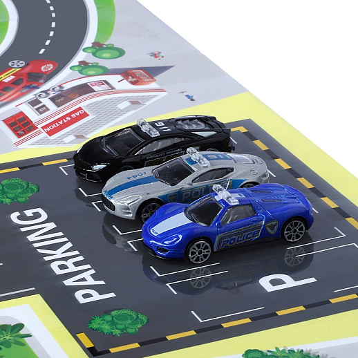 AUTODRIVE Парковка "Полиция" с автоматическим лифтом, светом,звуками,озвуч.на рус.языке. В компл: металлический транспорт 4шт., игровой коврик 78*58 см в Джамбо Тойз #14