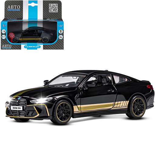 ТМ "Автопанорама" Машинка металлическая 1:32 BMW M4 (G82), черный, открываются двери, свет, звук, инерция, в/к 17,5*13,5*6,5 см в Джамбо Тойз