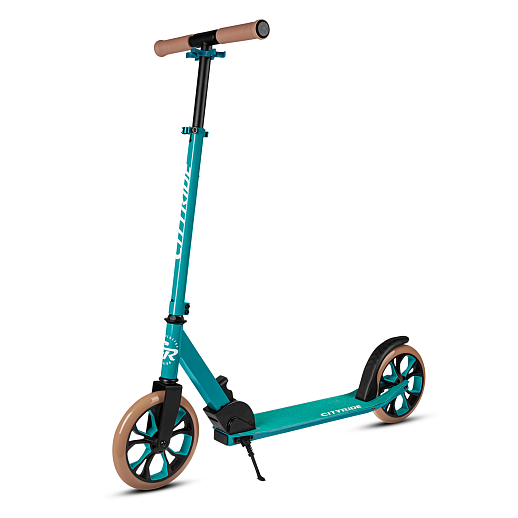 Двухколесный самокат CITYRIDE 200, ал. 50/50%, t-bar сталь, грипсы 135мм TPR, колеса PU 200/200, 86A, подножка, abec 9, зеленый в Джамбо Тойз #2