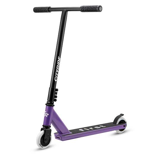 Трюковый самокат CITYRIDE FIRST, T-bar сталь 50*50см, дека алюм.49*9,5см, колеса PU 86A 100мм, пластик диск,  вилка резьб., хомут 4б., цвет Фиолетовый в Джамбо Тойз