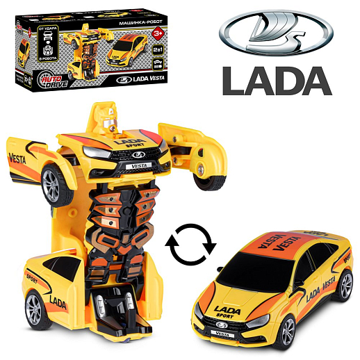 AUTODRIVE_LADA Vesta_машинка-робот фрикционная,13см,одной кнопкой трансформируется в робота,желтая,в/к 13,5*6,5*5,5 см в Джамбо Тойз