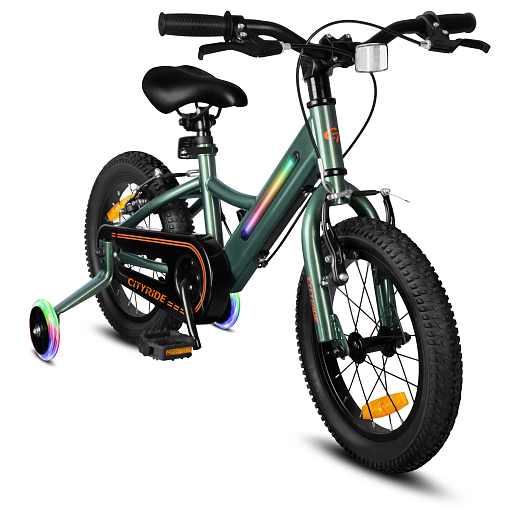 Велосипед двухколесный CITYRIDE, модель CR-B2-11FU, рама сталь, колеса алюминий 14", v-brake тормоза, встроенная в раму подсветка, балансирные колёса, цвет зеленый в Джамбо Тойз