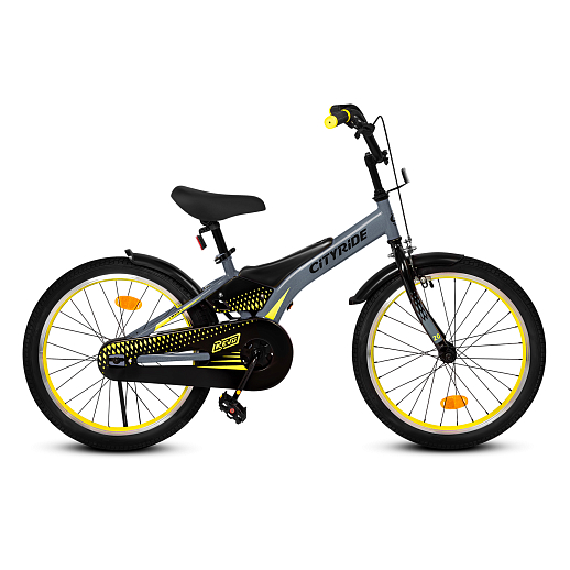 Детский велосипед "Cityride REVO", модель CR-B2-05, рама сталь, кожух цепи 100%, обода алюм. 20", втулки сталь, покрышки 2,125, подножка, руль сталь. вынос сталь, задние ножные тормоза, передний клещевой, крылья пластик, отражатели пер/зад и на спицах, цвет серый-жёлтый в Джамбо Тойз #2