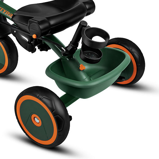 Детский 3хкол. велосипед ”CITYRIDE“ Рама сталь, наклонный руль из магнезия, колясочная крыша, ручка управления с подстаканником, 2 корзины. Колеса EVA 10/8, подножки, тормоза, бампер безопасности. Оранжево-зеленый. в Джамбо Тойз #17