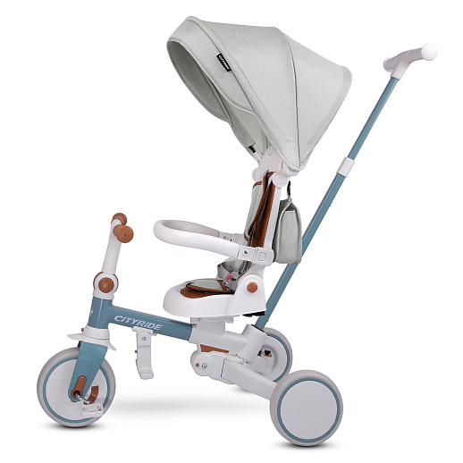 Детский трехколесный велосипед "CITYRIDE". Рама алюминий, может трансформироваться, подножки, колеса 8/7 EVA, капюшон, род. ручка, сине-серый в Джамбо Тойз #9