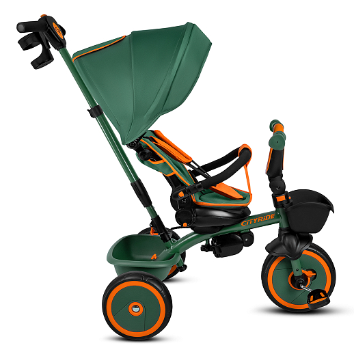 Детский 3хкол. велосипед ”CITYRIDE“ Рама сталь, наклонный руль из магнезия, колясочная крыша, ручка управления с подстаканником, 2 корзины. Колеса EVA 10/8, подножки, тормоза, бампер безопасности. Оранжево-зеленый. в Джамбо Тойз #6
